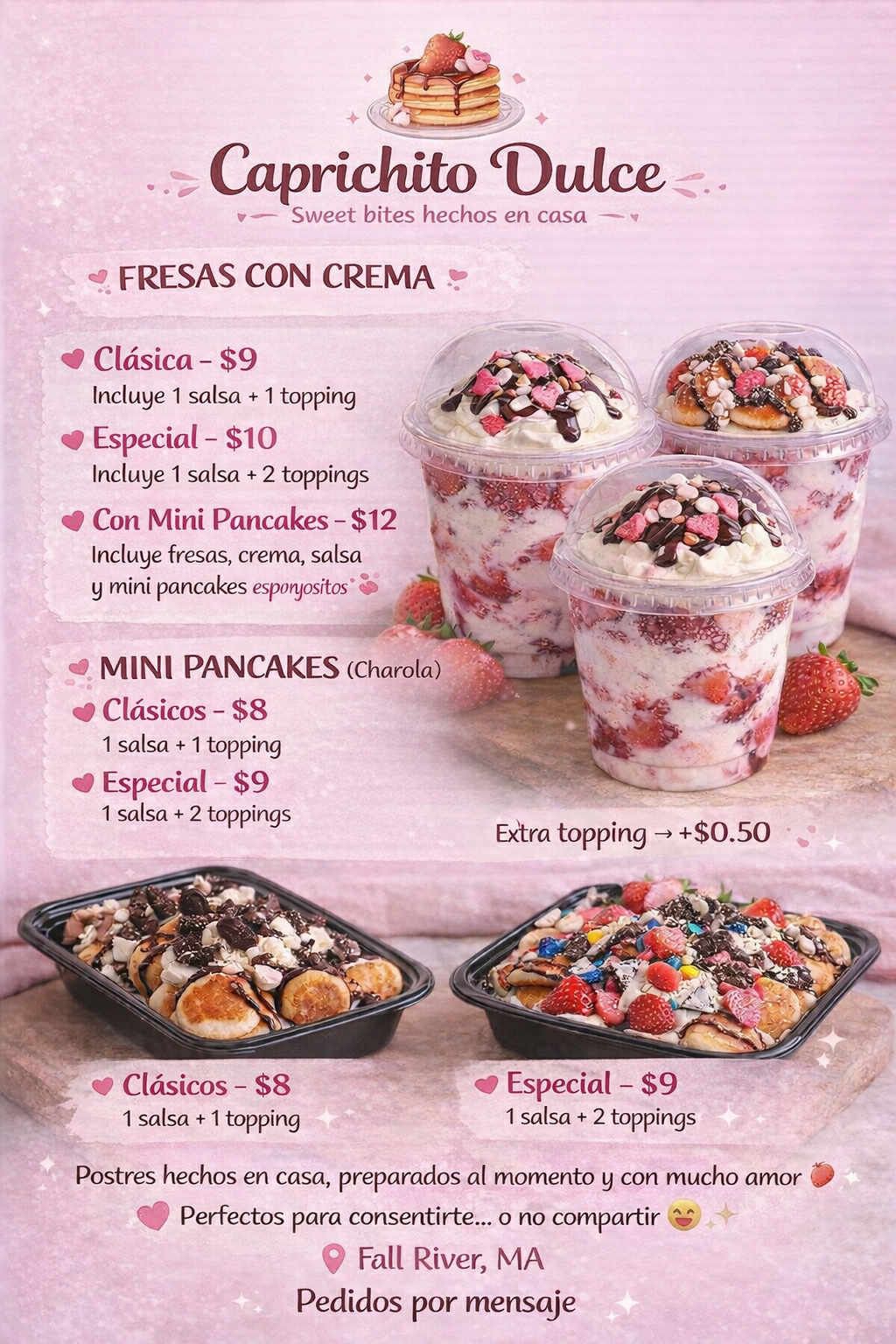 Menu de Caprichito Dulce - Fresas con crema y mini pancakes